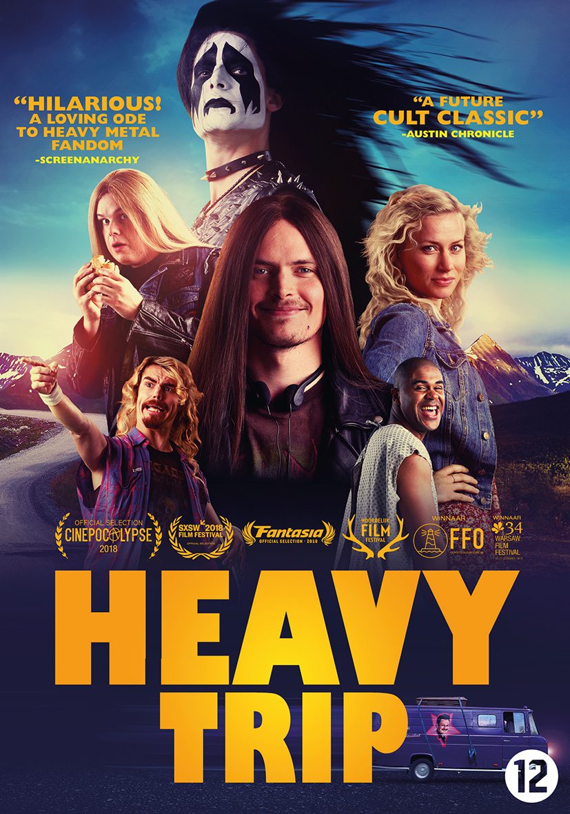 Affiche du film 'Heavy Trip', avec un groupe de métalleux dans un van et diverses récompenses.