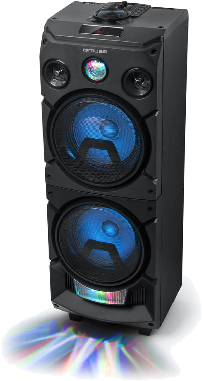 Fekete hangszóró, két kékkel megvilágított hangszóró kúppal. Többszínű fény a hangszóró aljáról.