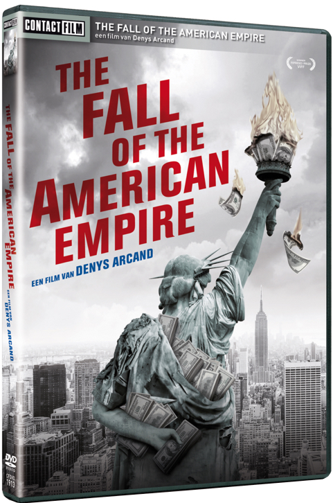 DVD-hoes van 'The Fall of the American Empire', Vrijheidsbeeld, stad op de achtergrond.