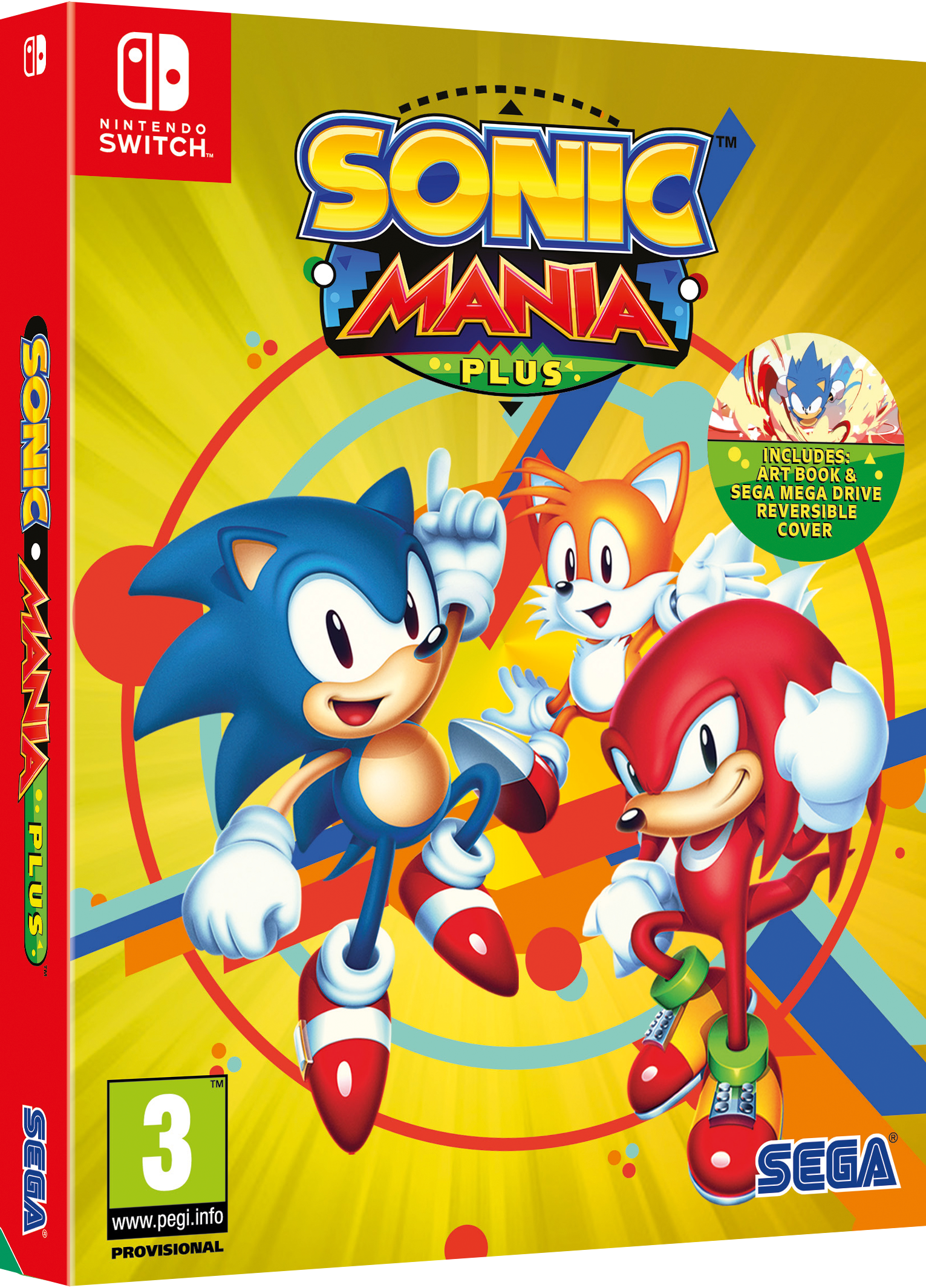 A Nintendo Switch Sonic Mania Plus játéka, Sonic, Tails és Knuckles szereplésével.