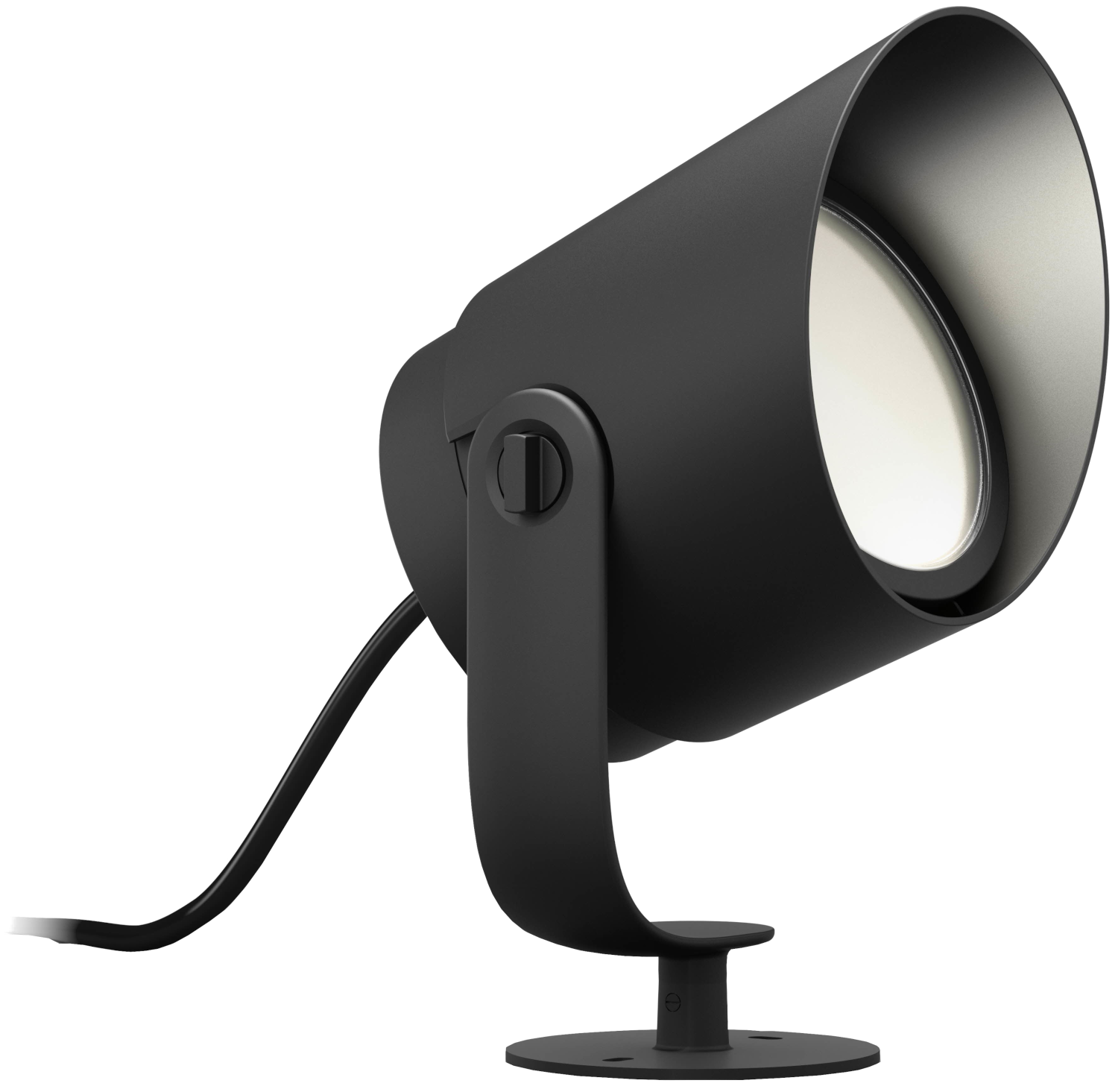 Projecteur extérieur noir. La lumière est dirigée vers le spectateur. Il a un câble noir et une base ronde.