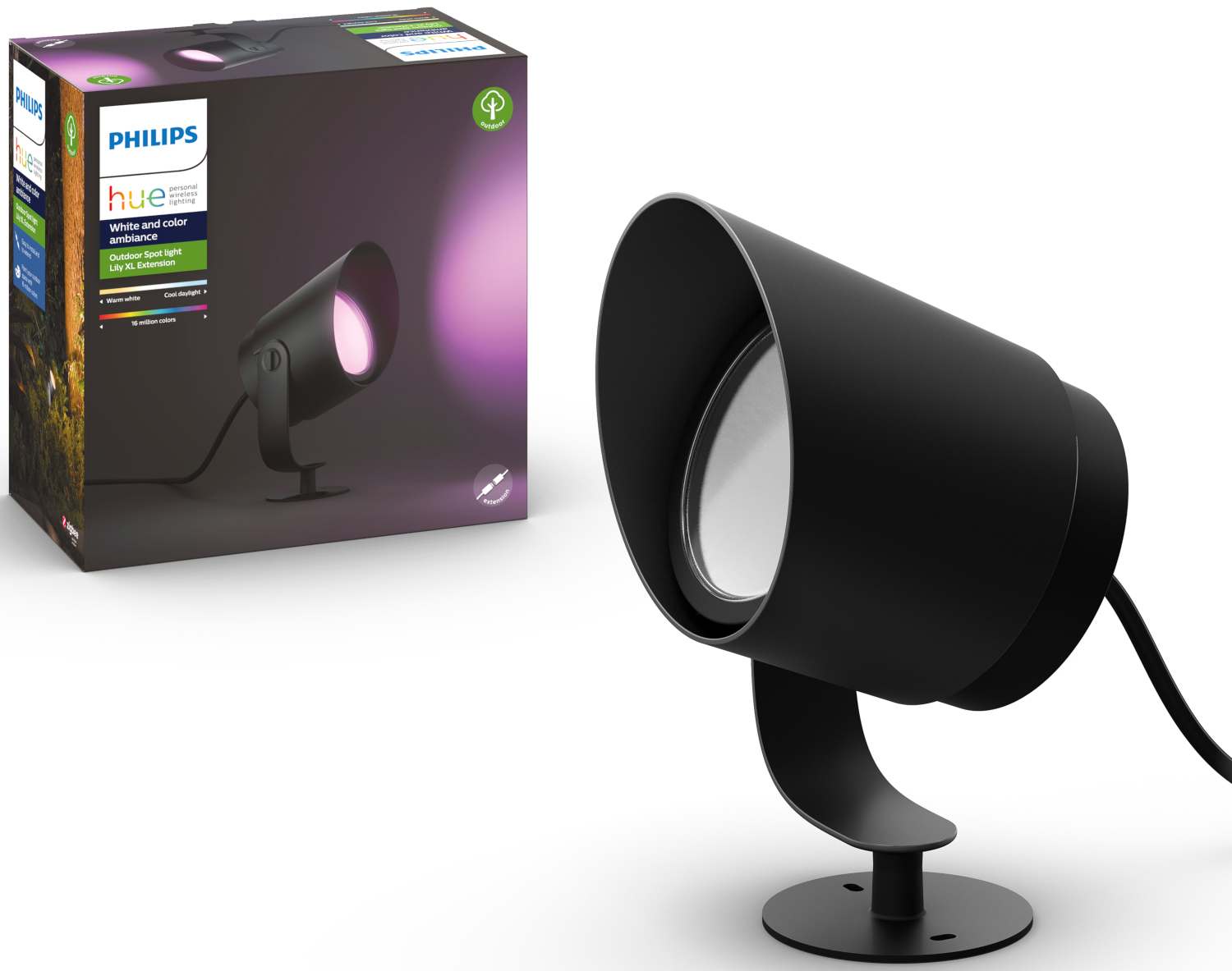 Projecteur extérieur Philips Hue noir, à côté de sa boîte. La lumière est rose.