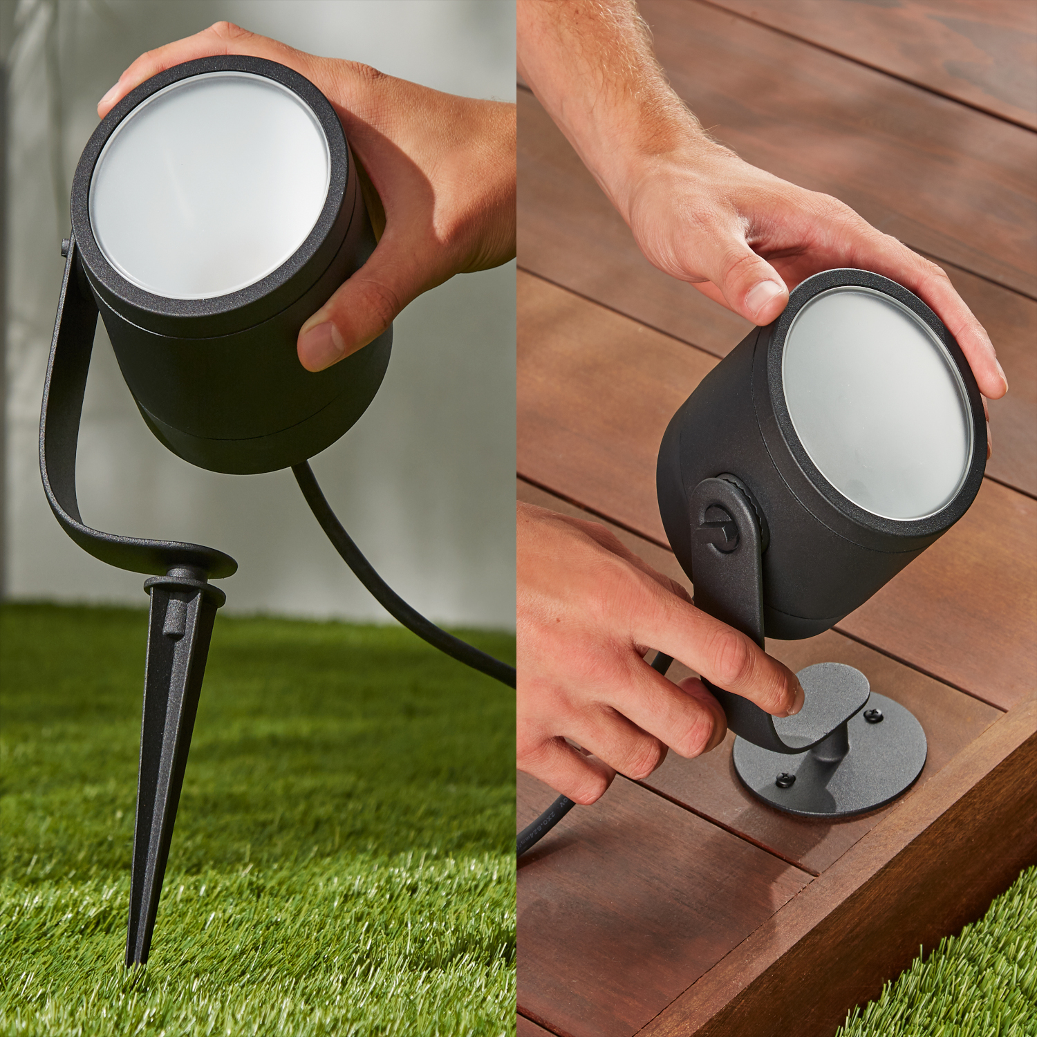 Deux projecteurs extérieurs noirs sont installés sur de l'herbe et une surface en bois.