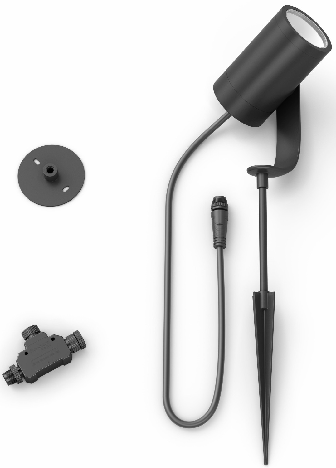 Un projecteur extérieur noir avec câble de connexion, base de montage et piquet de terre.
