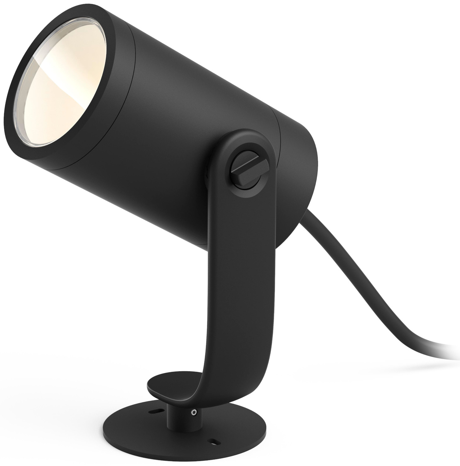 Projecteur extérieur noir incliné vers le spectateur, sur fond blanc.