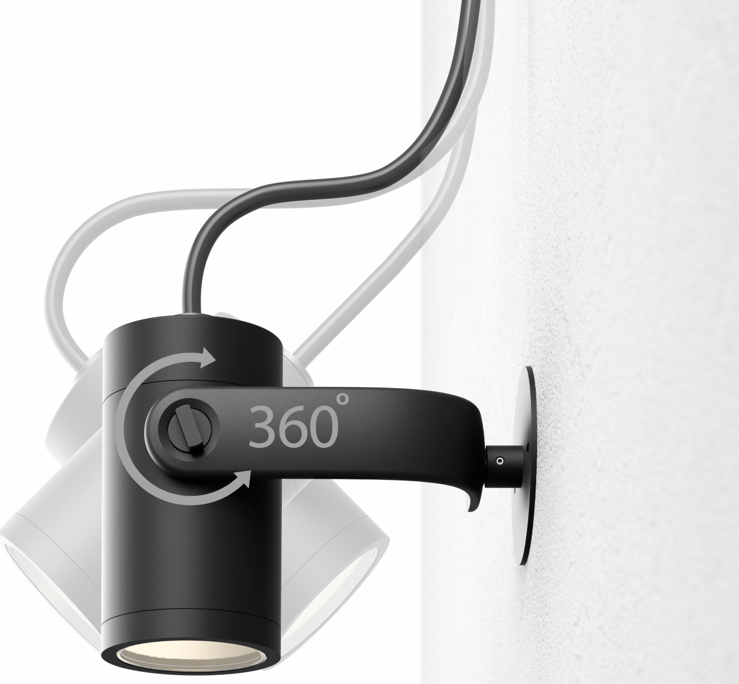 Un luminaire extérieur noir et réglable monté sur un mur blanc.