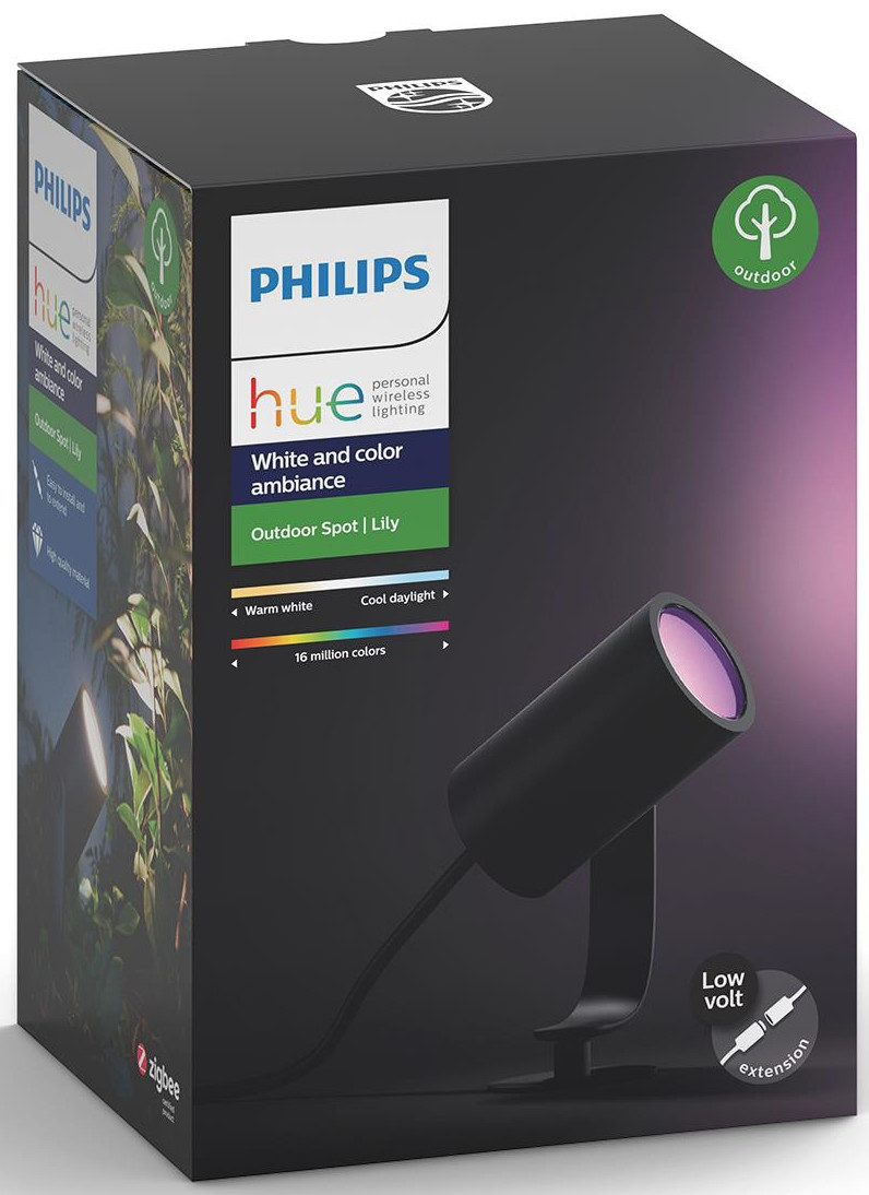 Boîte de projecteur d'extérieur Philips Hue. Boîte noire avec détails du produit et une image de la lumière.