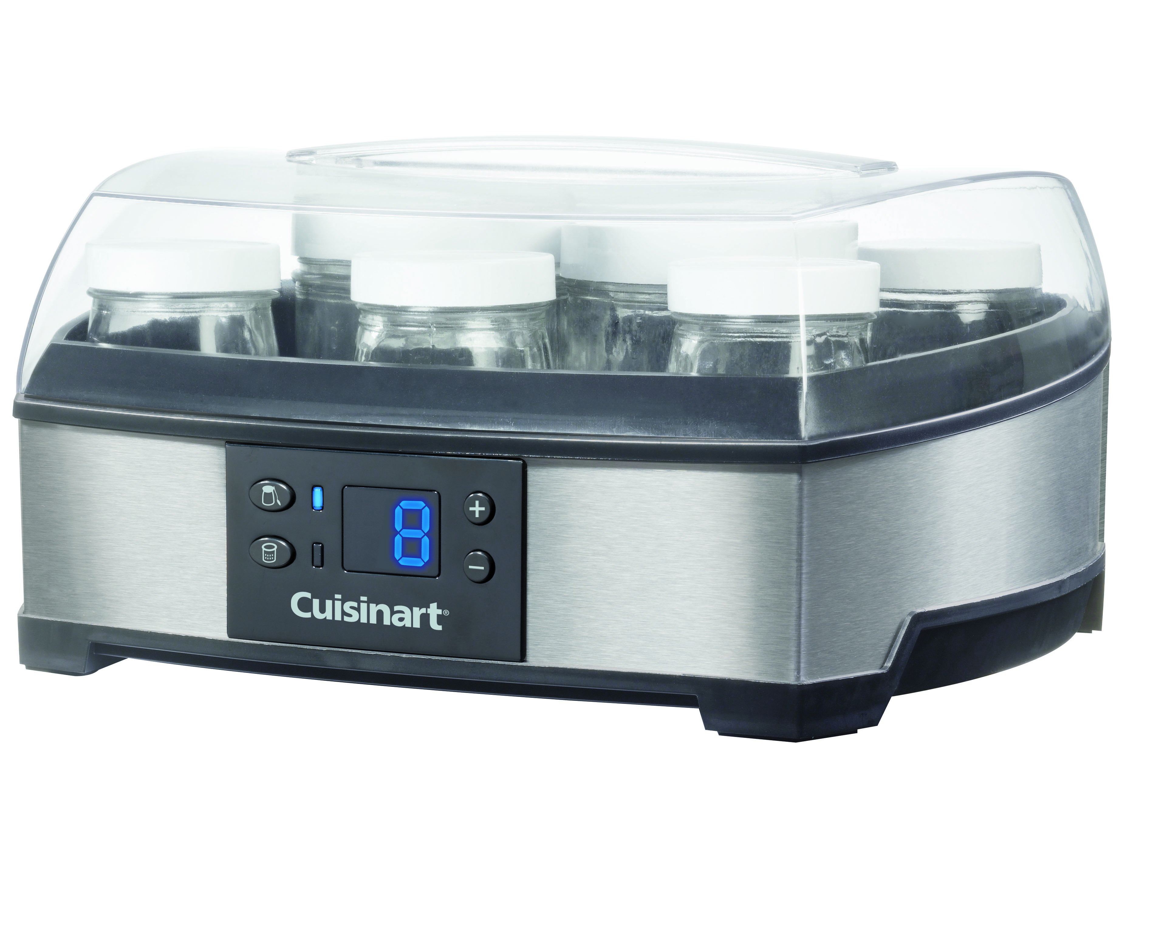 Cuisinart yoğurt makinesi, kavanozlarla. Şeffaf kapak, gümüş taban ve dijital ekran.