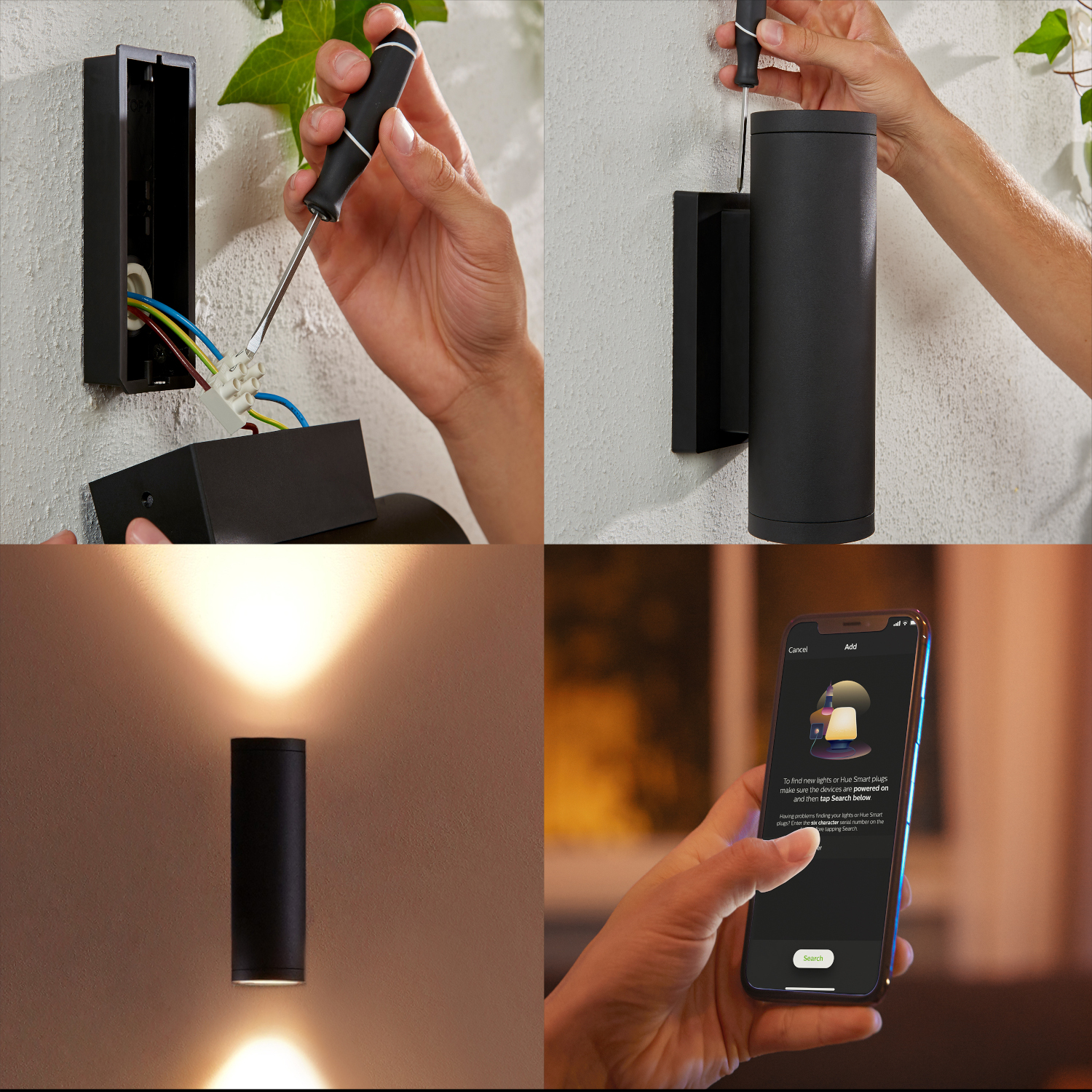 Vier afbeeldingen tonen de installatie van een wandlamp en vervolgens de verlichting met een smartphone-app.