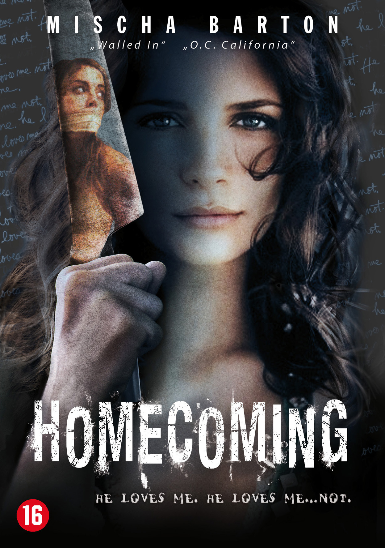 De filmposter voor 'Homecoming', met Mischa Barton, een mes en een donkere achtergrond.
