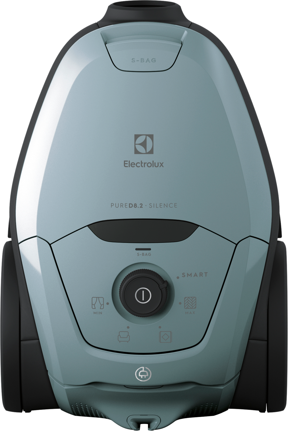 Aspirapolvere Electrolux azzurro chiaro, vista dall'alto. Ha un quadrante di alimentazione centrale.