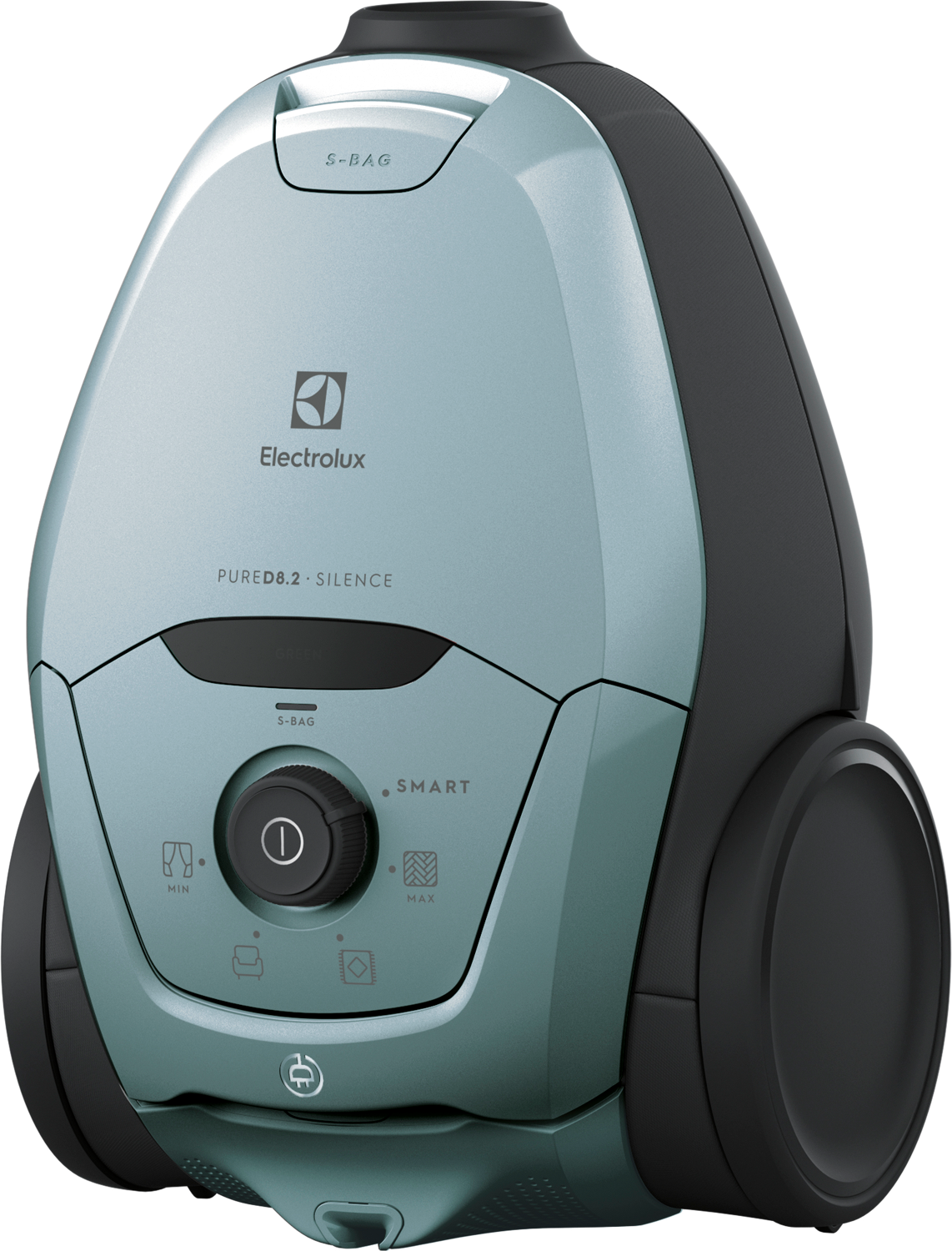 Un aspirapolvere Electrolux verde acqua. Ha un corpo rotondo con manico nero, pulsanti e ruote.
