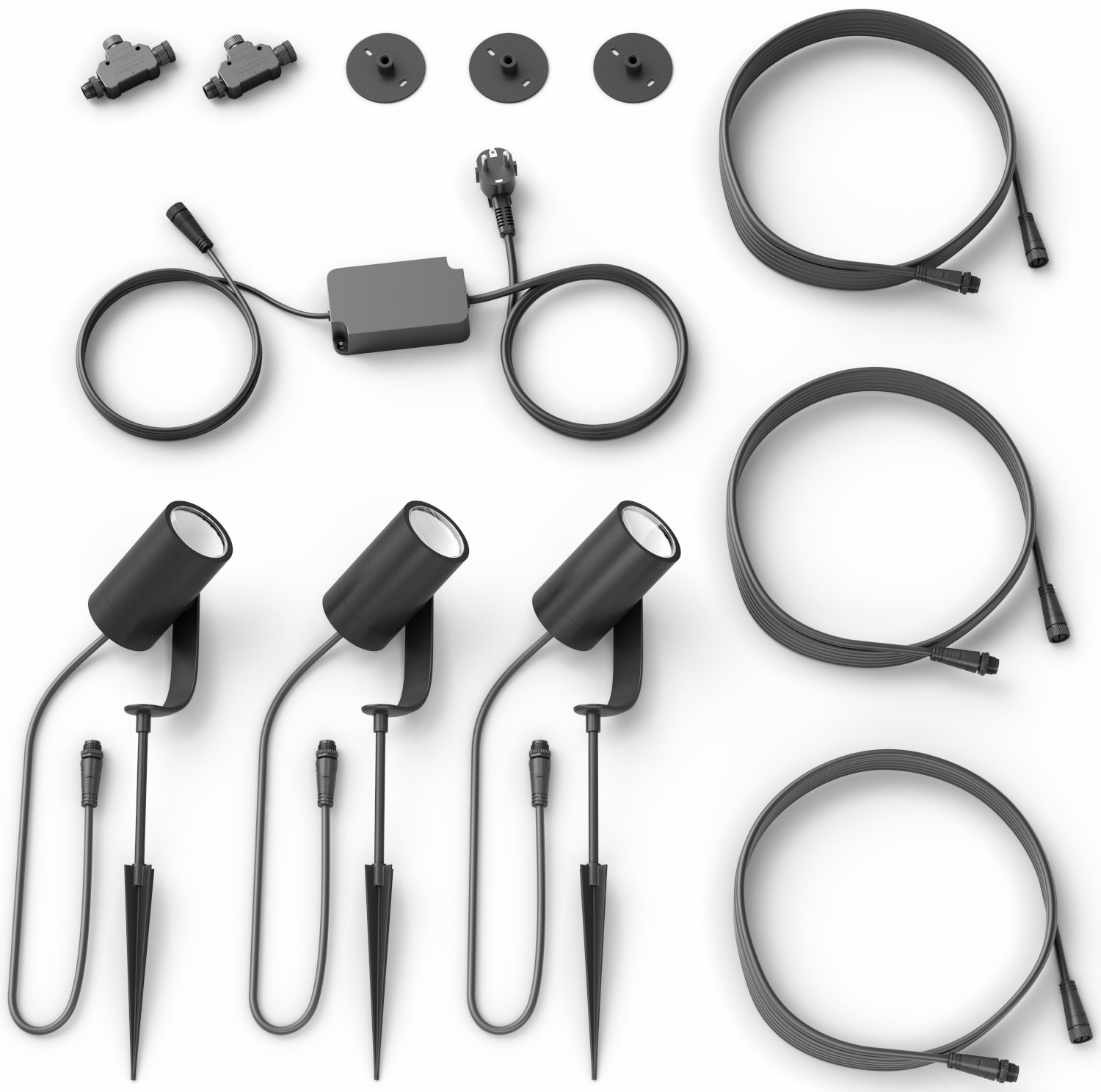A set of black outdoor spotlights, cables, and connectors on a white background.