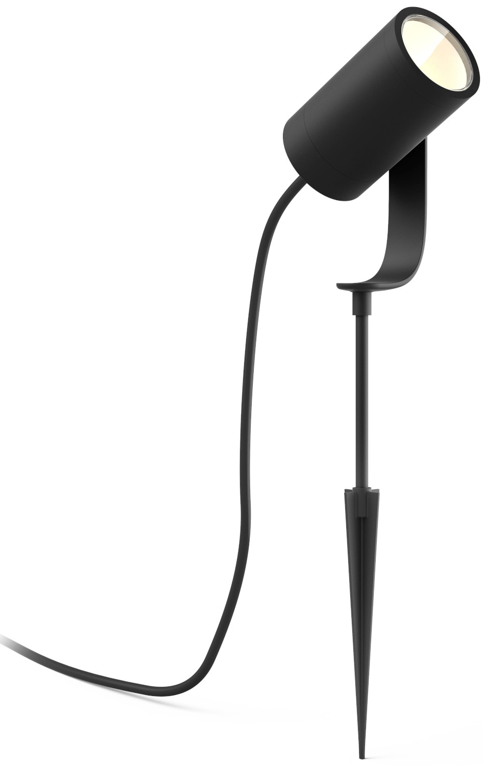 Black outdoor spotlight with stake. Pointing upwards, black cable, white background.