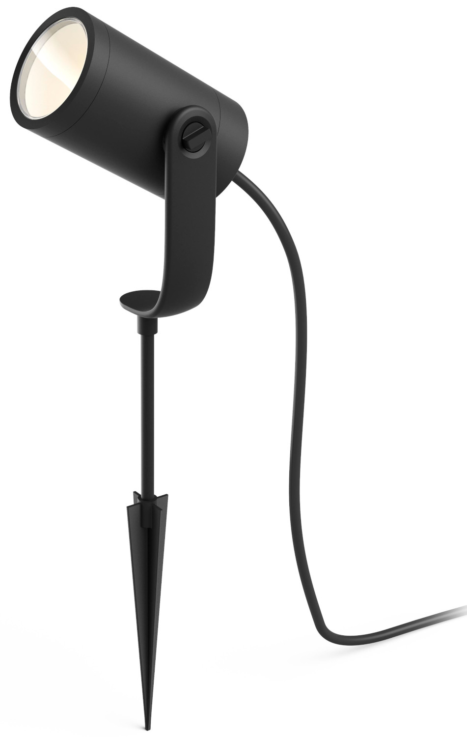 Black outdoor spotlight. It is pointed upwards with a spike for the ground.