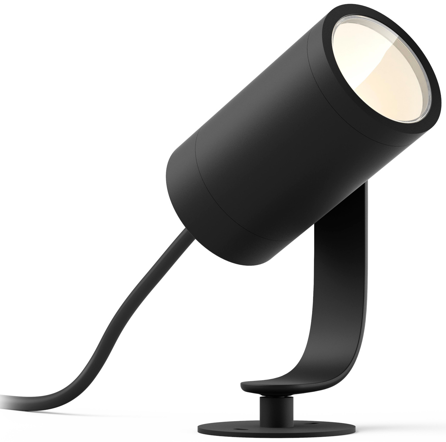 Black spotlight with a curved base, angled to the right.