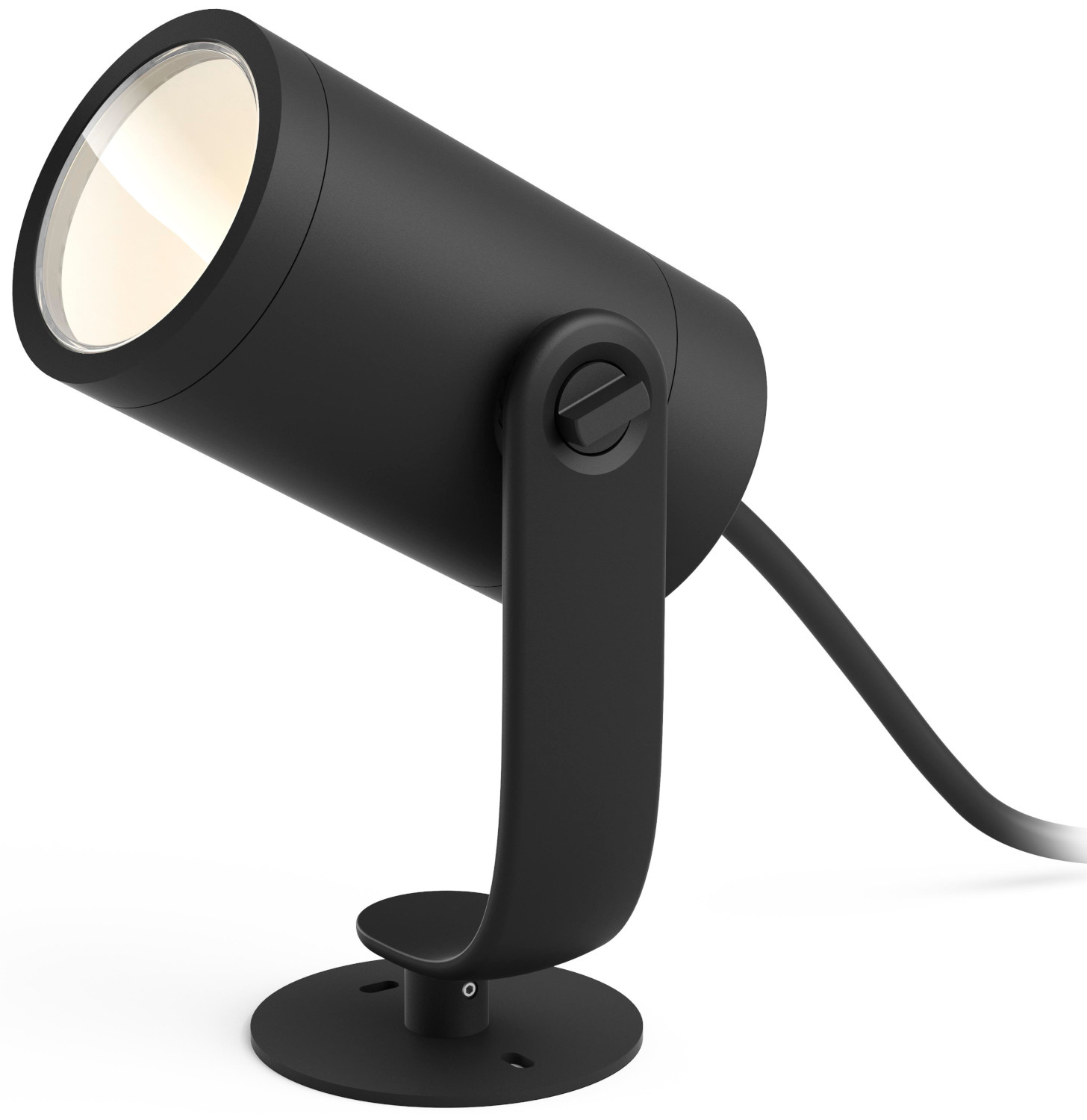 Black spotlight with a white light. White background. The spotlight is angled.