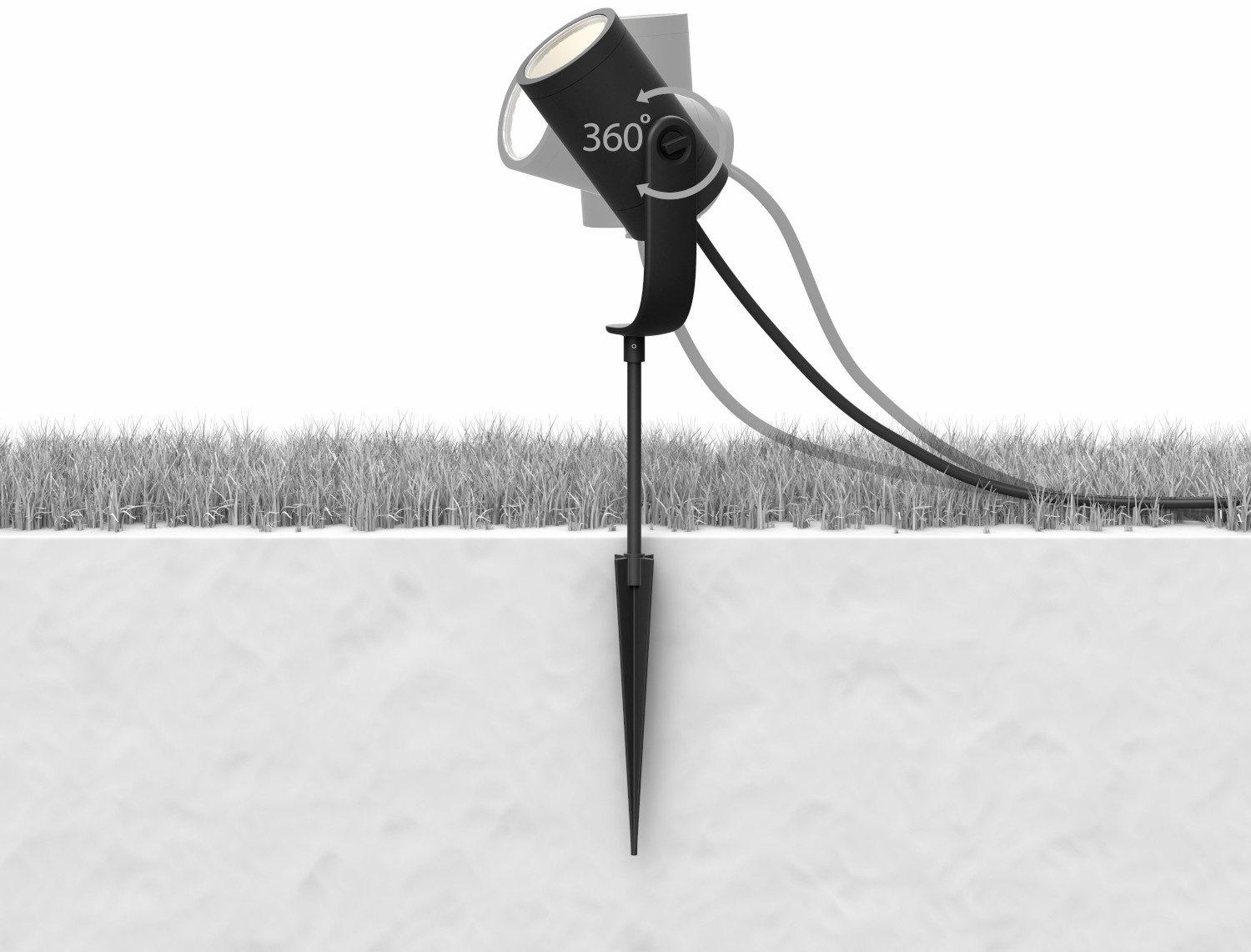 A black outdoor spotlight on a stake, showing 360 degree adjustment.
