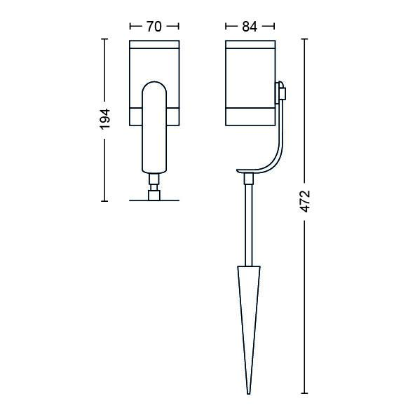Line drawing shows two outdoor lights with dimensions. One is side view, the other is front view.