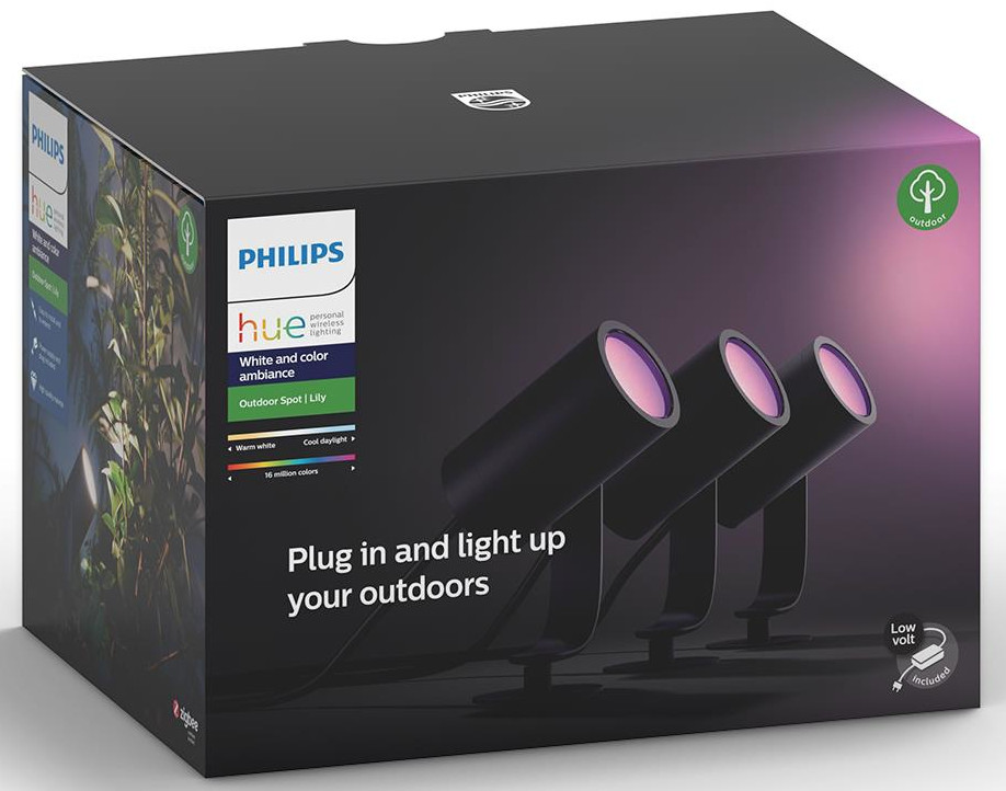A box of Philips Hue outdoor spot lights with a product description and lights.