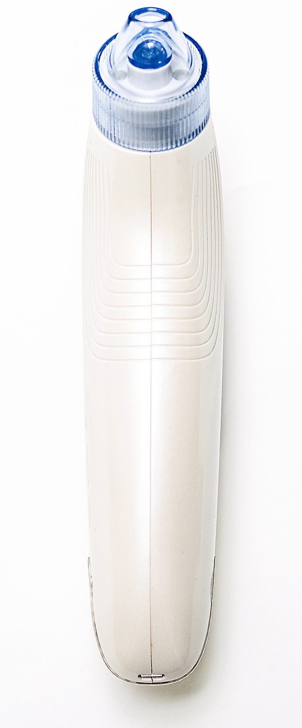 White and light blue pore vacuum cleaner. It has a transparent top and a white body. Vertical shot.