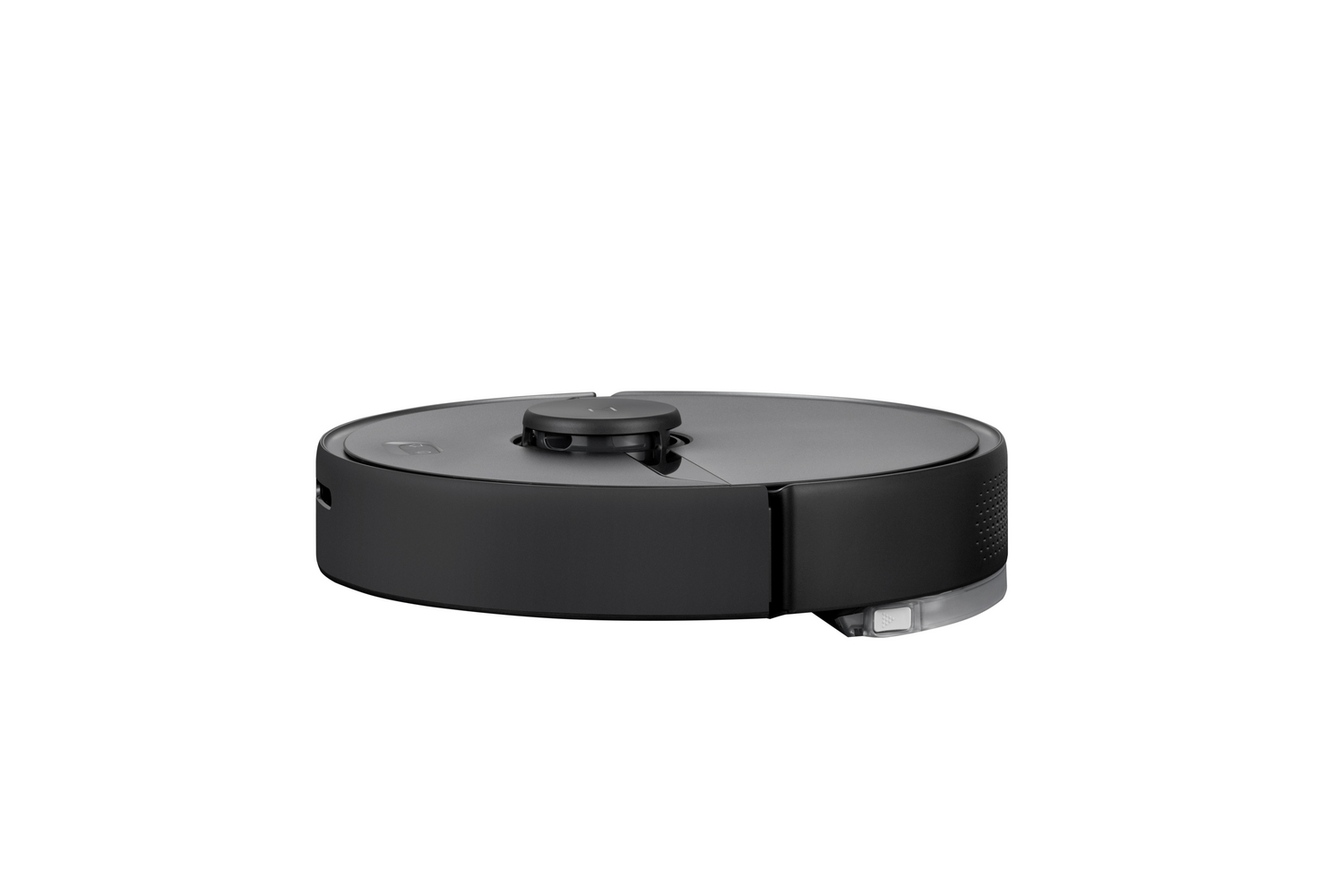 Aspiradora robótica negra, vista lateral. Forma redonda, con botón central y sensor.