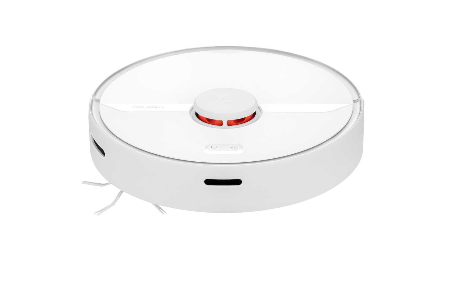 Una aspiradora robot redonda blanca sobre un fondo blanco.