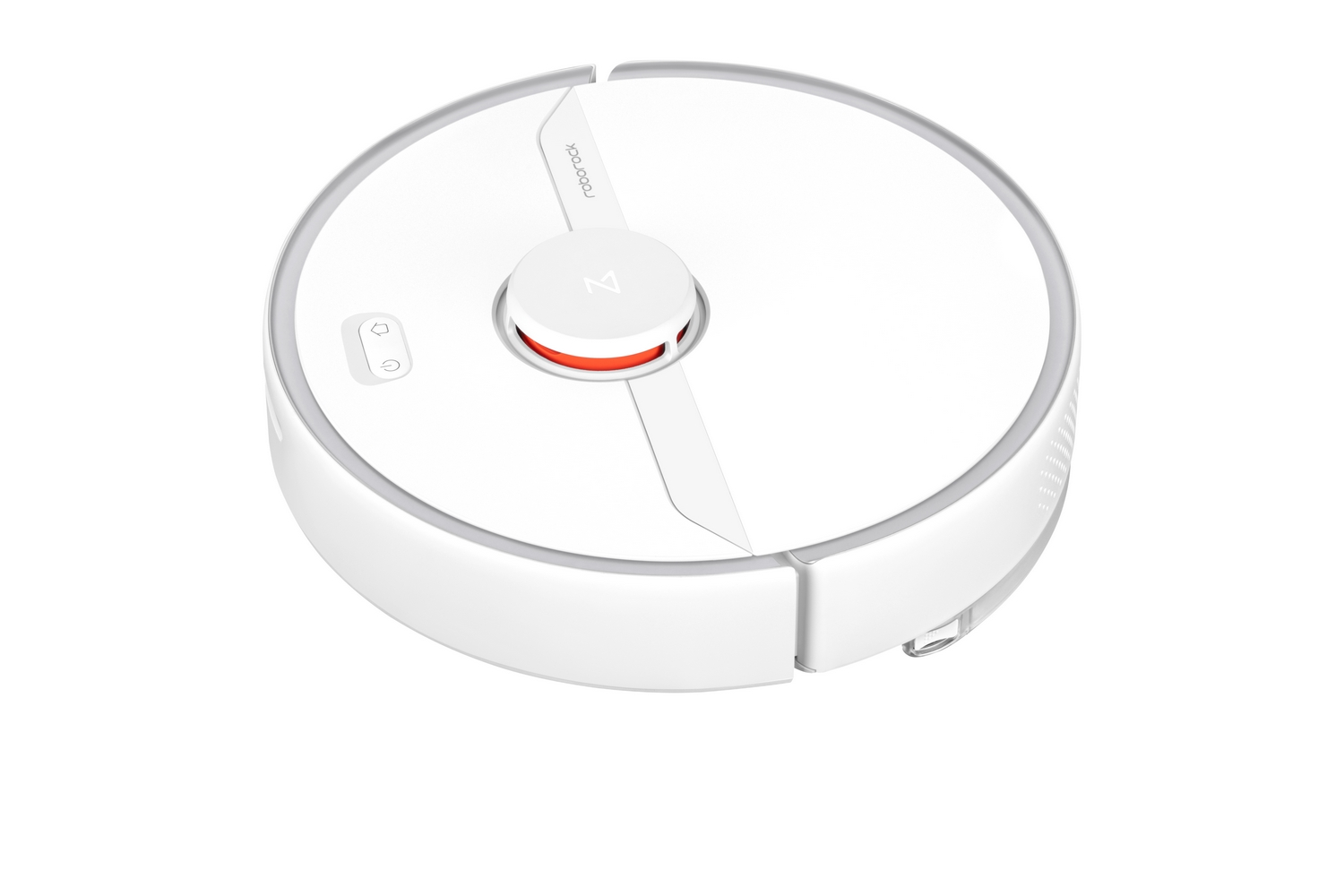 Una aspiradora robot blanca con un diseño circular. Tiene un botón y un logotipo. Fondo blanco.
