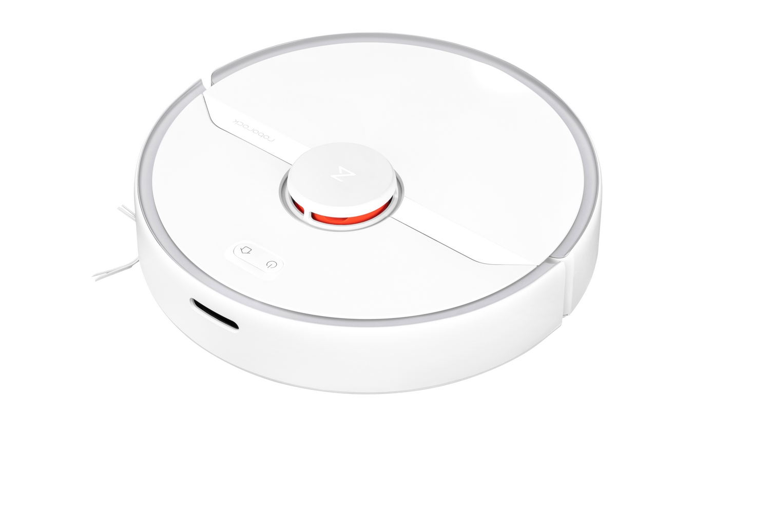 Aspiradora robot redonda blanca. Tiene un botón rojo y una ranura negra pequeña. Aislada sobre blanco.