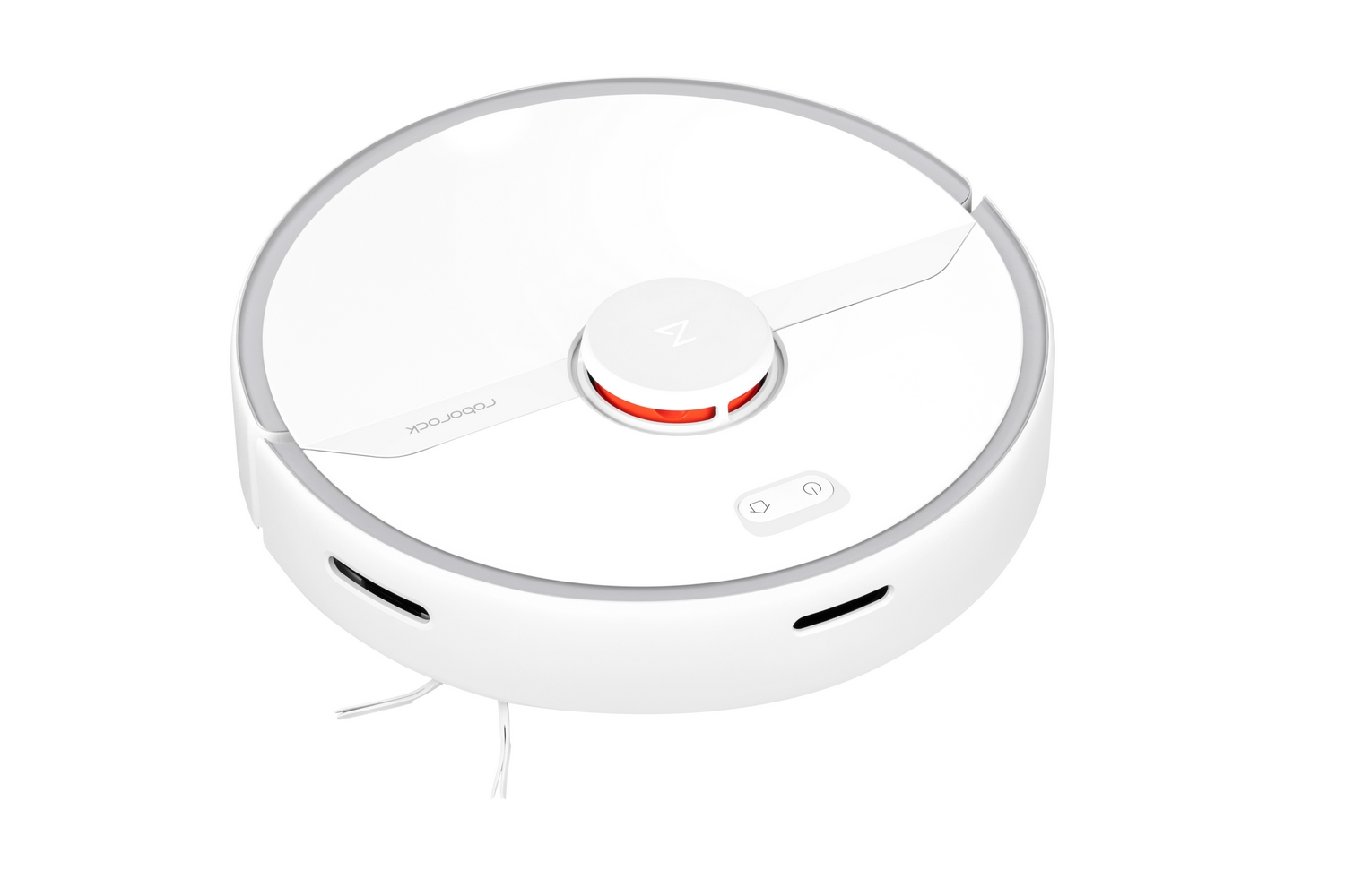 Una aspiradora robot circular blanca con un botón de encendido rojo y un logotipo.