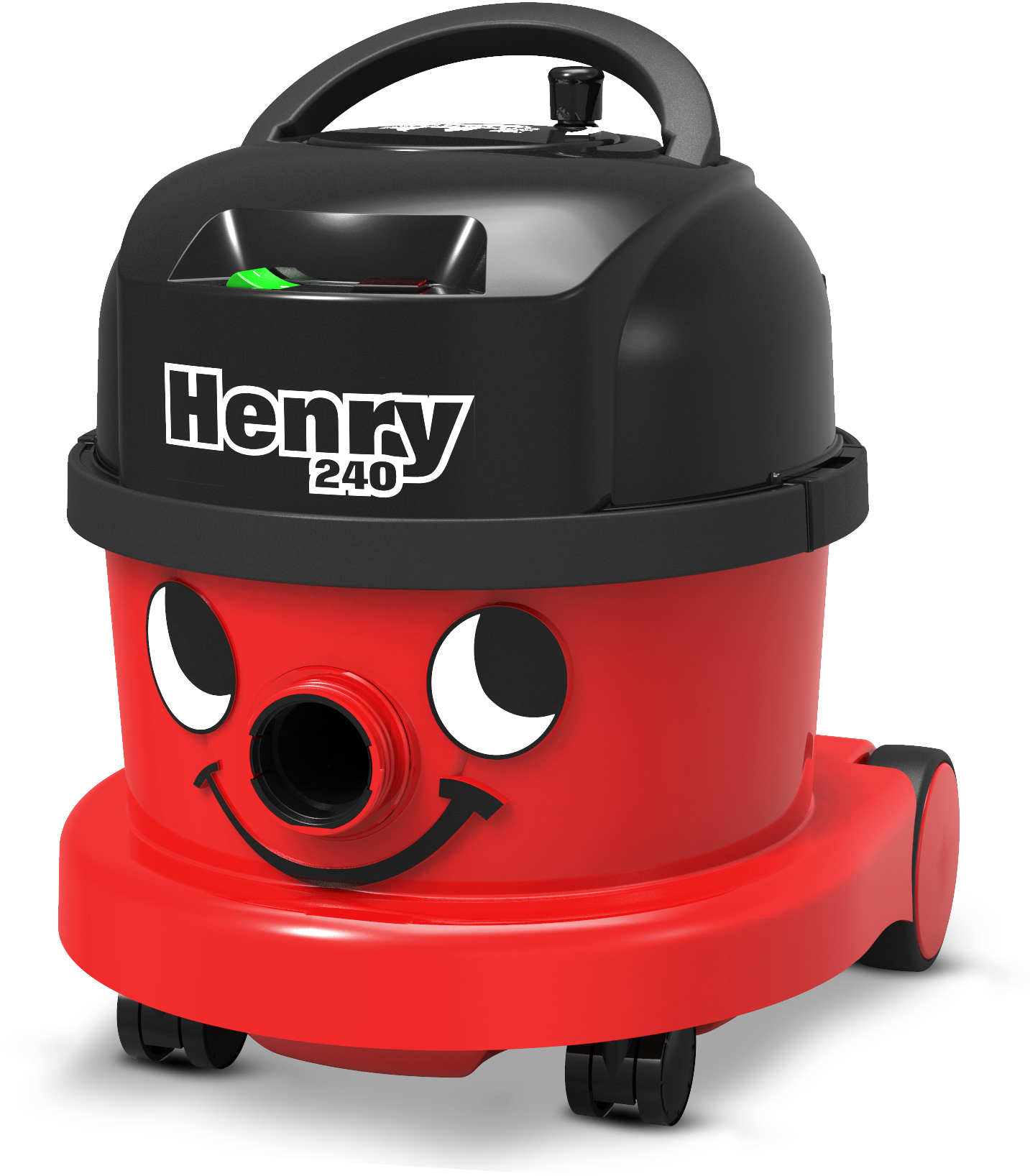 Red Henry vacuum cleaner with black top, handle, and smiley face. It has wheels.