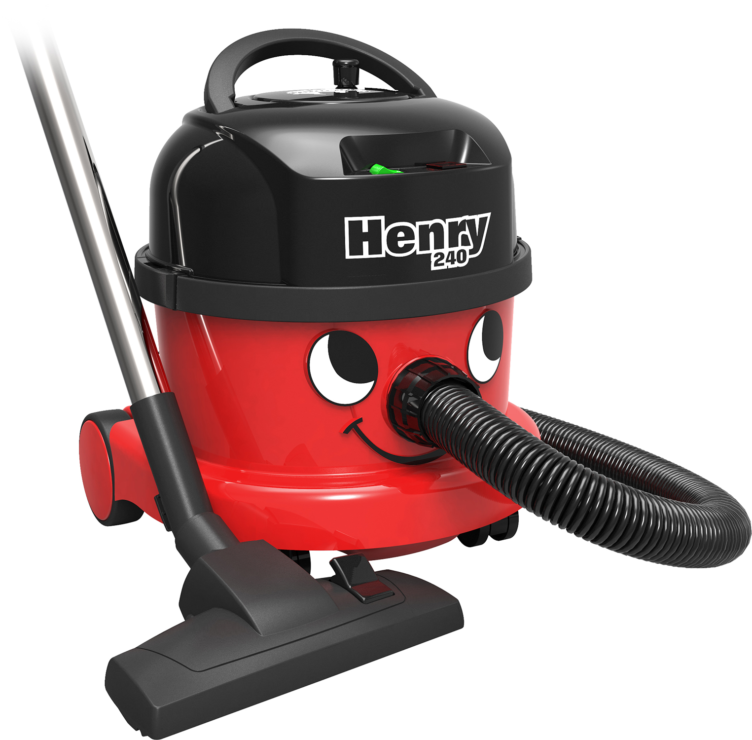 Red Henry vacuum cleaner with accessories, black top, smiling face.
