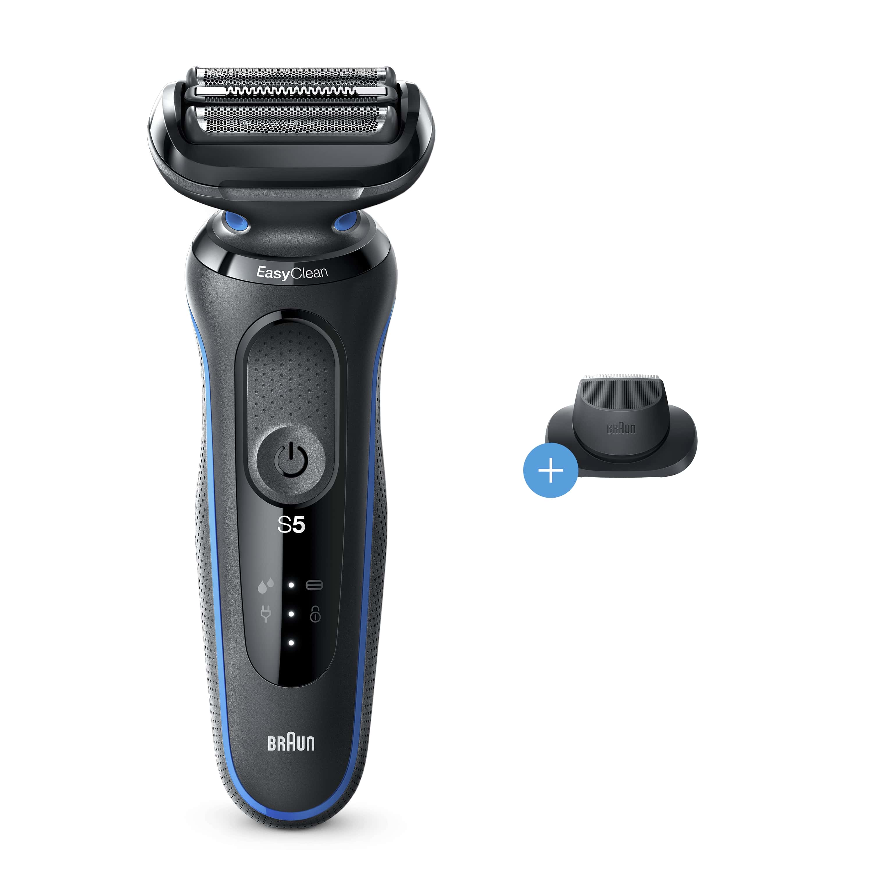 Ein schwarz-blauer elektrischer Rasierer Braun S5 mit EasyClean-Kopf und Reinigungsbasis.