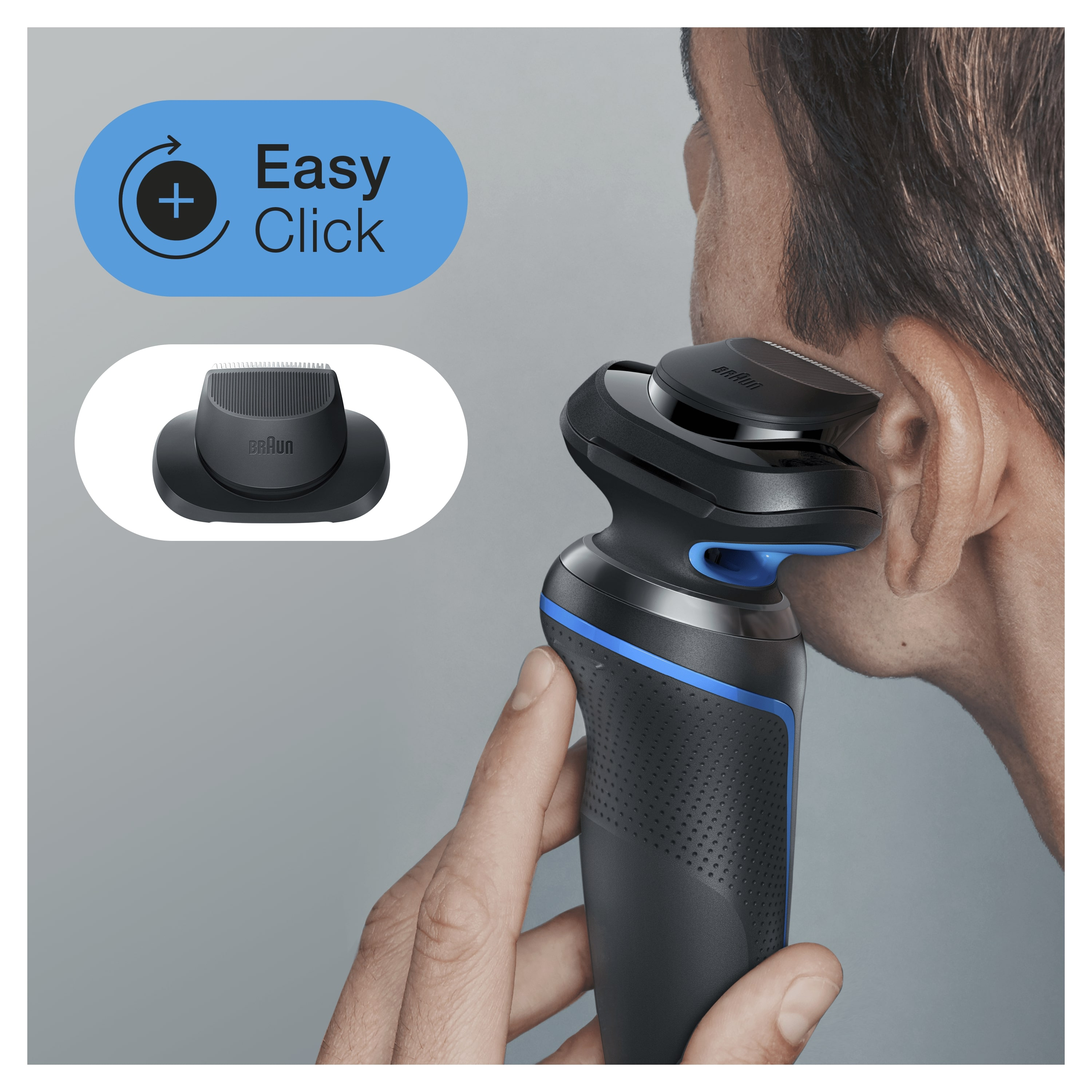 Mann rasiert sich mit einem schwarzen und blauen Elektrorasierer, mit Easy Click Aufsatz.