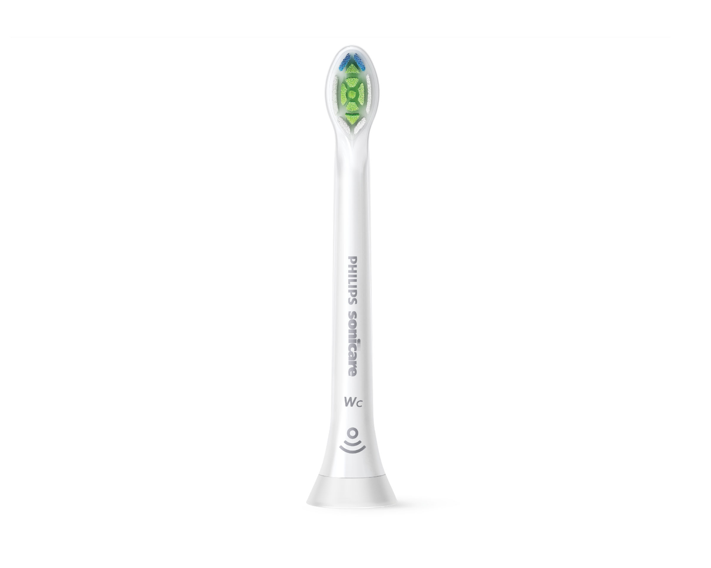 Nahaufnahme eines weißen Philips Sonicare Zahnbürstenkopfes mit grünen und blauen Borsten.