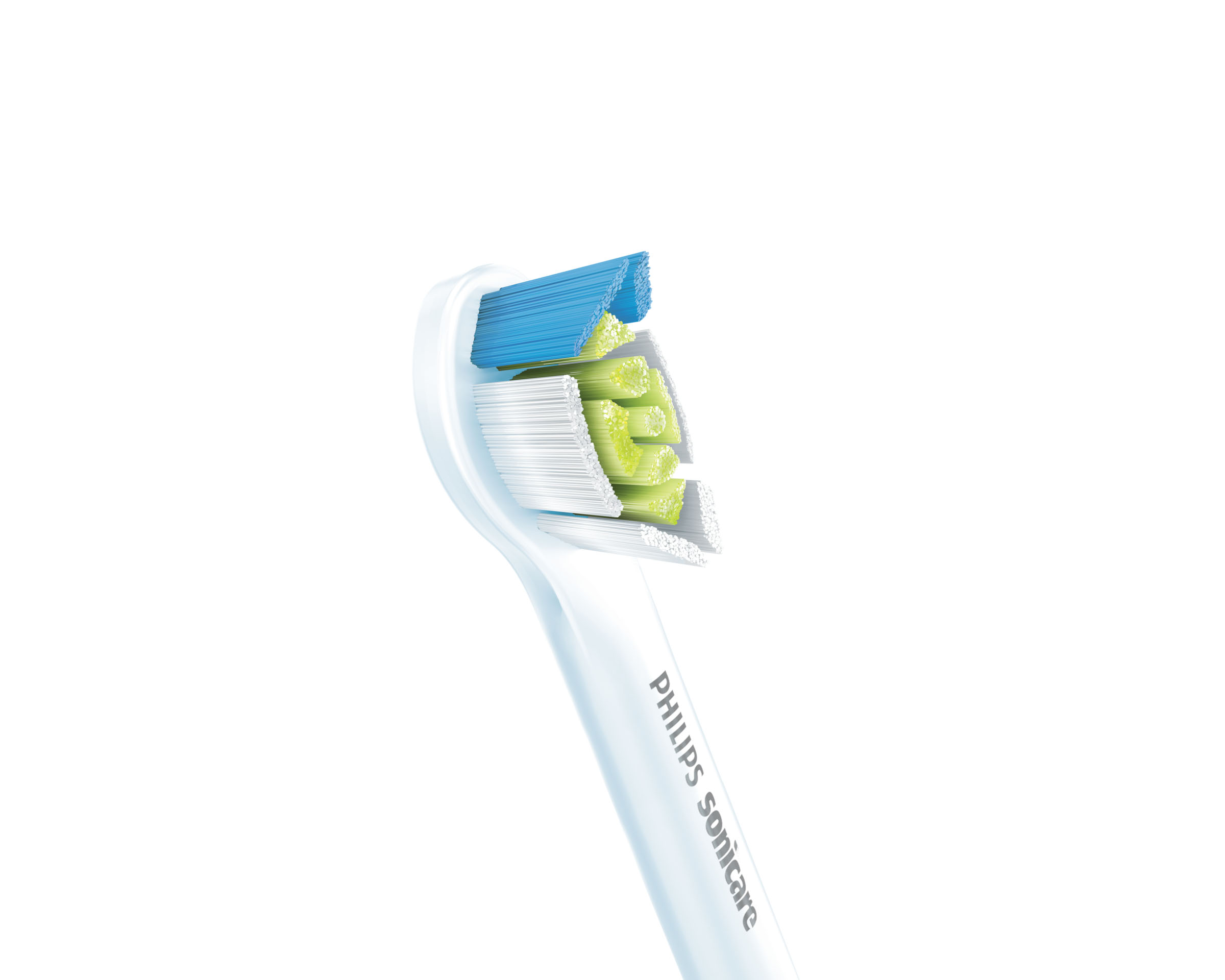Nahaufnahme eines Philips Sonicare Zahnbürstenkopfes. Blaue, grüne und weiße Borsten.