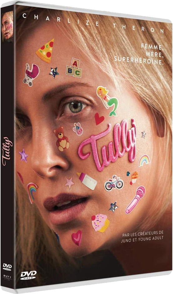 DVD-hoes van 'Tully' met een gezicht van een vrouw bedekt met stickers. De titel is roze.