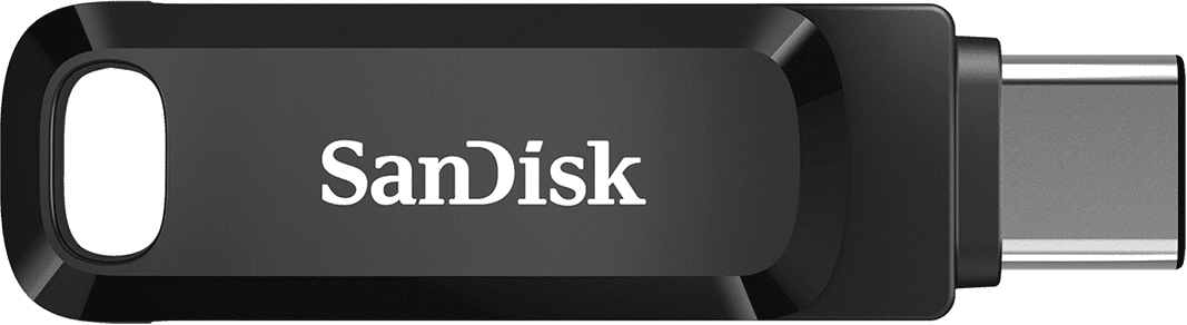 Une clé USB SanDisk noire avec le nom de la marque en blanc.