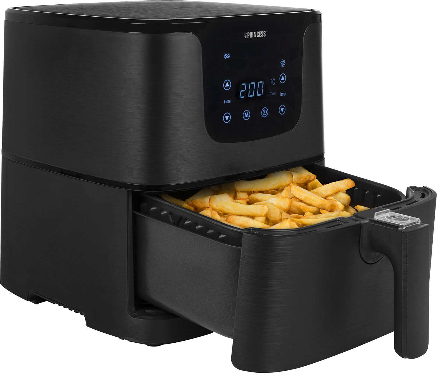 A black air fryer with a digital display showing settings and fries in the basket. The handle is on the right.