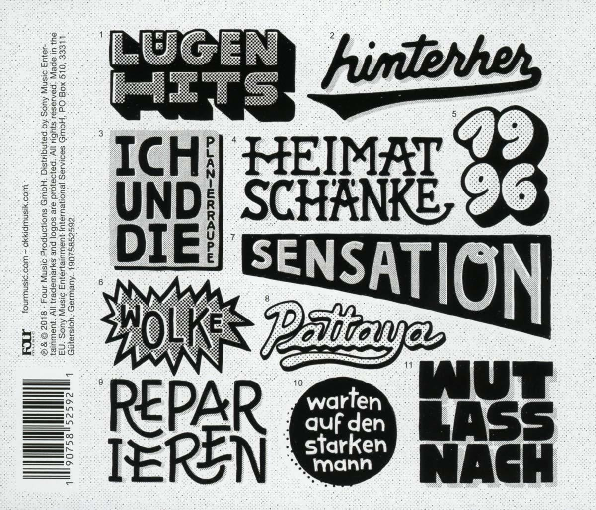 Albumcover mit verschiedenen deutschen Textdesigns auf weißem Hintergrund.