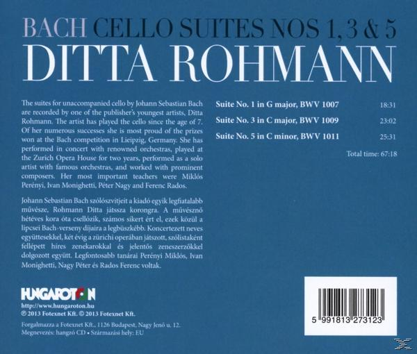 Egy CD hátlapja, melyen Ditta Rohmann 'Bach Cello Suites' című műve látható, szöveggel és vonalkóddal.