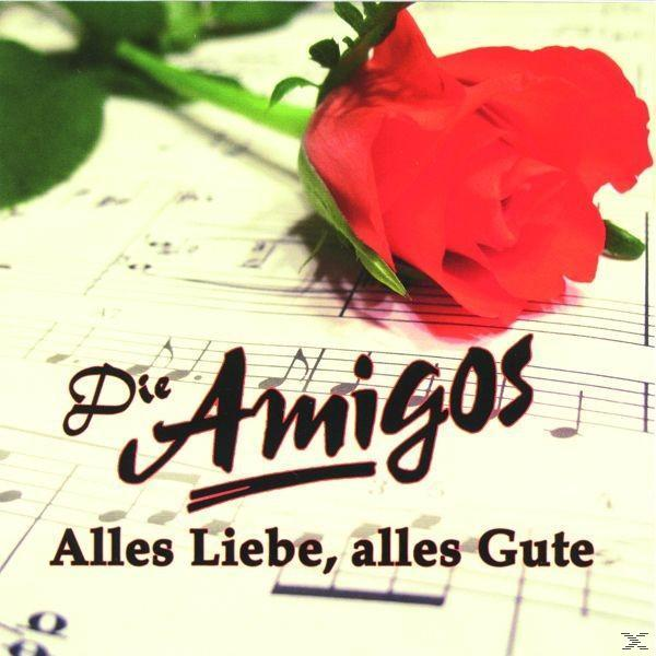 Eine rote Rose auf Notenpapier, mit dem Text 'Die Amigos' und den Worten 'Alles Liebe, alles Gute'.