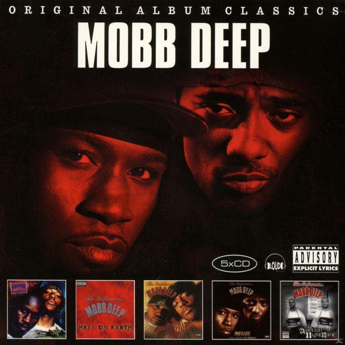 Album borító: Két férfi arc vörös tónusban, 'Mobb Deep' cím és album borítók.