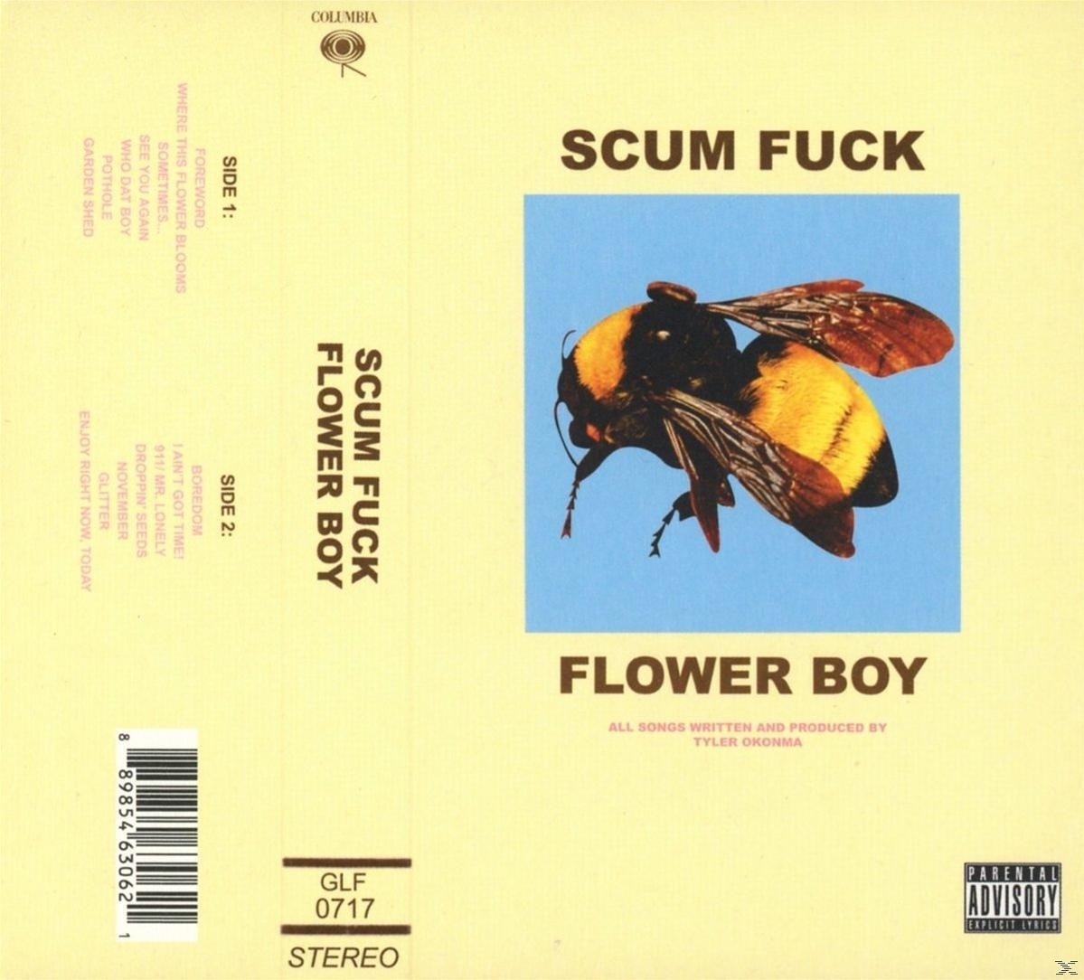 Scum Fuck Flower Boy kazettás magnó, sárga háttér, méh illusztráció.
