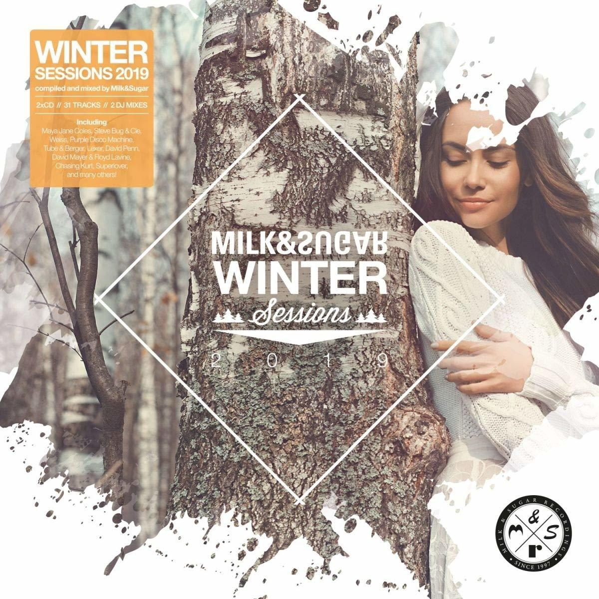 Albumcover mit Frau an einem Baum, Winterthema, weiße und braune Farben.