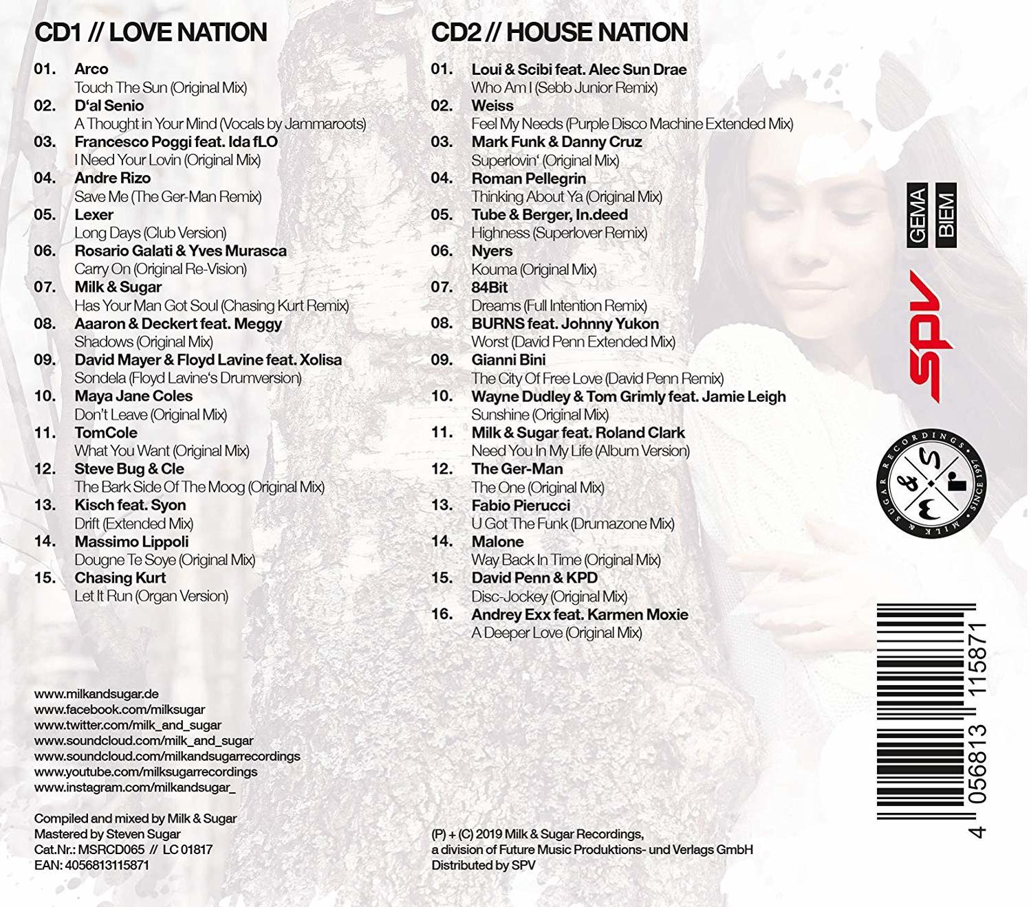 CDs mit Songlisten. CD1: Love Nation. CD2: House Nation. Musiklogos.