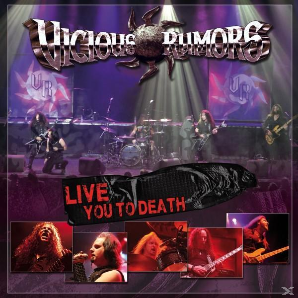 Egy élő metal zenekar lép fel a színpadon. A zenekar logója felül található. A "LIVE YOU TO DEATH" felirat alul, bélyegképekkel.