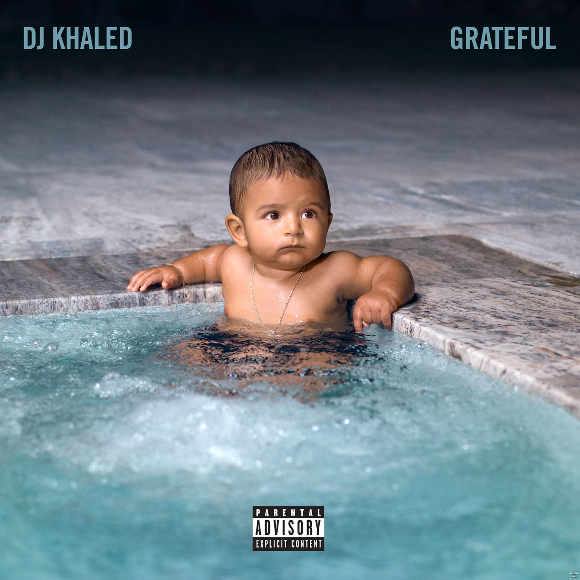 Albumcover, Baby im Pool, DJ Khaled und Grateful Text, blaues Wasser.
