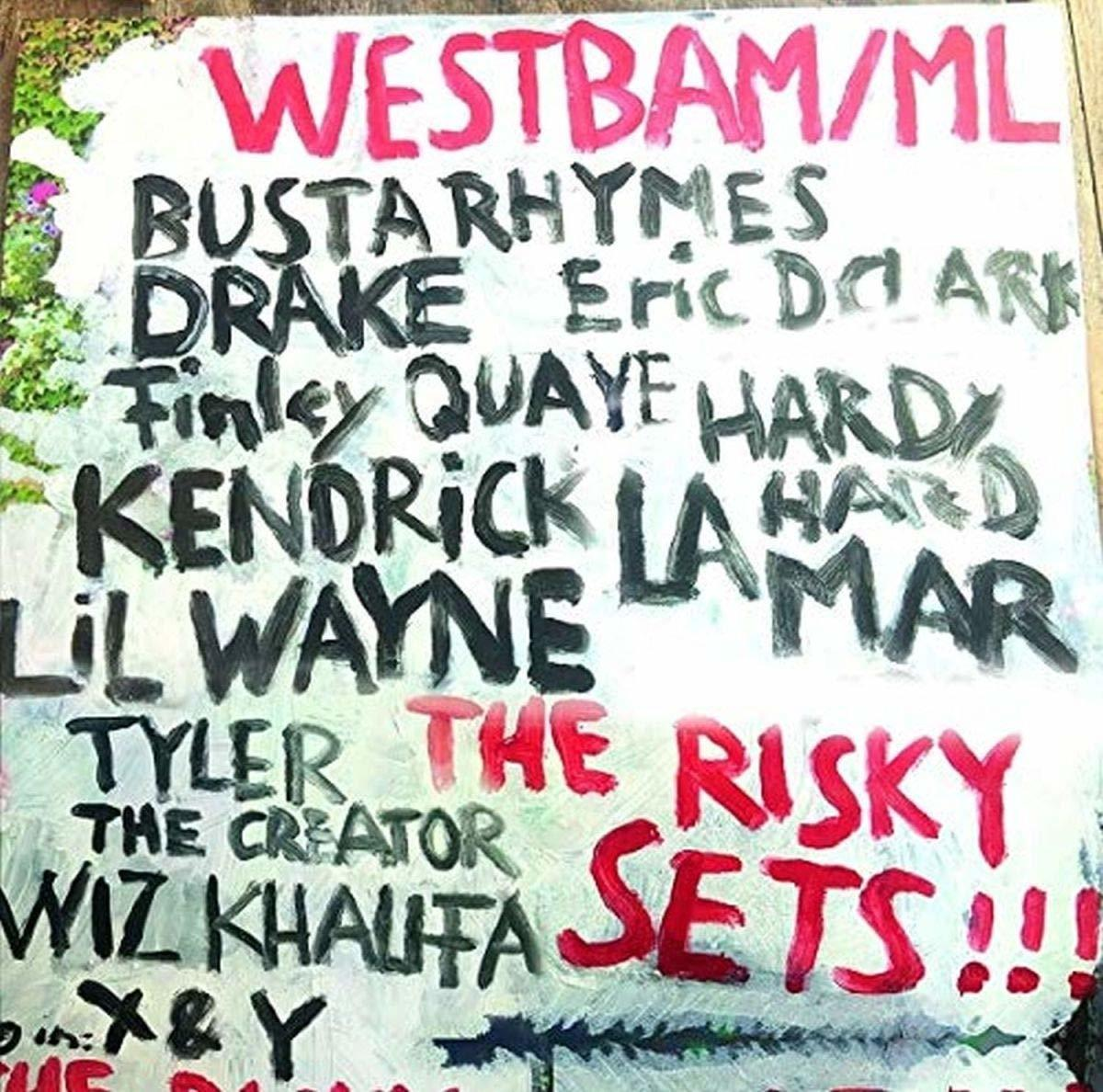 Ein Poster mit Namen von Künstlern in bunten Texten: WESTBAM/ML, Busta Rhymes, Drake und mehr.