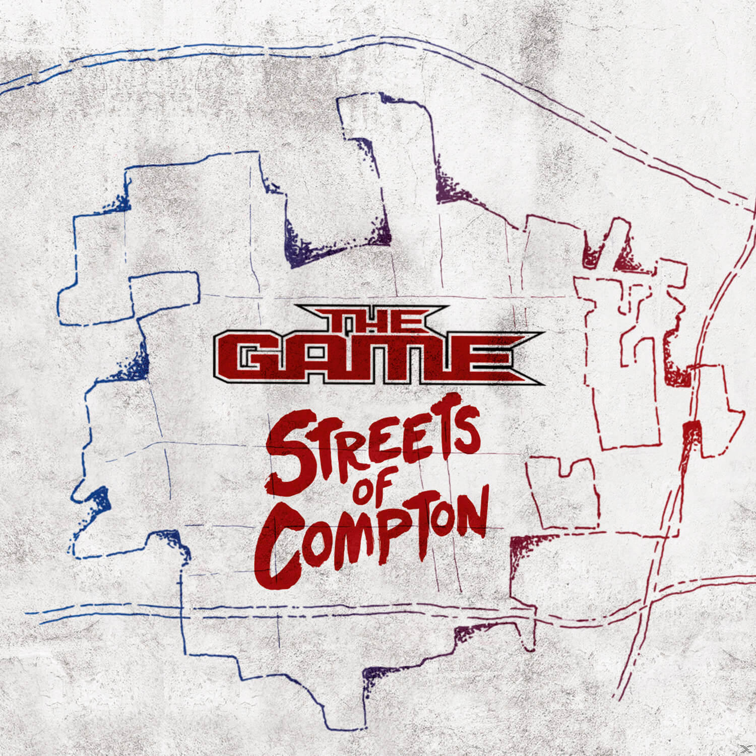 Albumcover 'Streets of Compton' von The Game. Eine Karte mit roten und blauen Umrissen und Text.